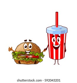 Vector funny characters burger and cup of cola. Isolated on white background.