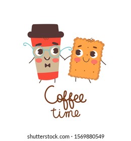 Vector funny characters with cute faces. A cute cup of coffee with a smiling biscuit. Design for cards, posters, t-shirts and printing materials.