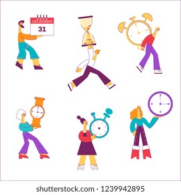 Vector funny characters holding symbols of time management in hands. Cute males, females carry wall clock, calendar planner, hourglass and stopwatch. Men, women managers and deadline symbols.