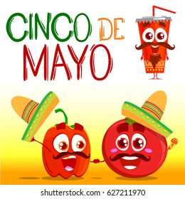 Vector funny characters of pepper, tomato and cup with text. Cinco de mayo holiday. Cartoon style. Mexican mustaches, beard and hat.