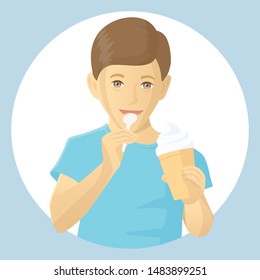 Vector funny child boy eating ice-cream. Little cute boy with ice cream isolated
