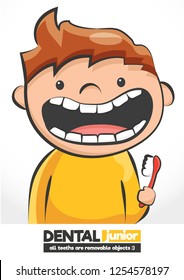 Vector funny child boy holding a toothbrush