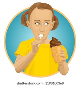 Vector funny child girl eating ice-cream. Little cute girl with ice cream isolated