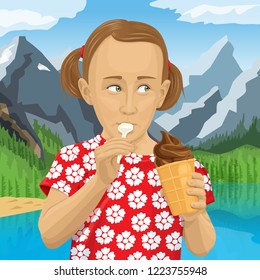 Vector funny child girl eating ice-cream. Little cute girl with ice cream isolated