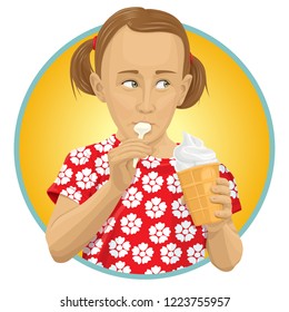 Vector funny child girl eating ice-cream. Little cute girl with ice cream isolated
