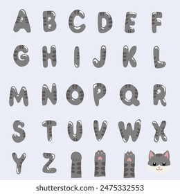 Vector funny childish Cat font. The letters are stylized as Gray Black colors isolated on white background. Scandinavian design for child alphabet book, cute decoration, baby goods.