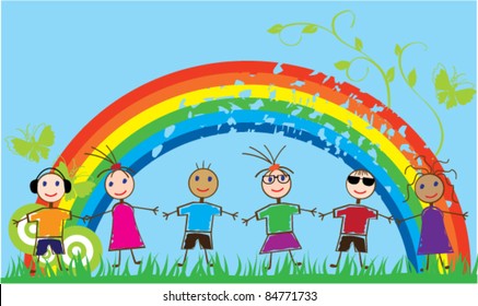 vector funny children and rainbow