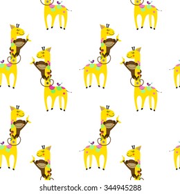 Vector. Funny children seamless pattern. Cartoon cute giraffe and monkey