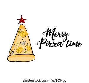 Vector funny Christmas greeting card with pizza evergreen tree and star. Merry pizza time quote text. Digital funny illustration, happy family winter holidays