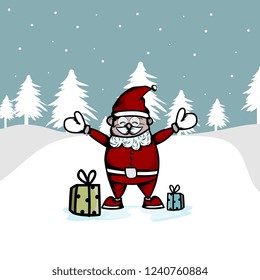 Vector funny christmas greeting design wallpaper with santa claus and winter snow theme illustration.