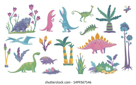 Vector funny collection of cartoon dinosaurs and plants on a white background.