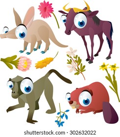 vector funny colorful animal kids set: aardvark, wildebeest, baboon, beaver