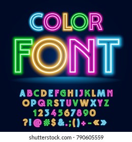 Vector Funny Colorful Neon Font. Trendy set of  Bright Party Alphabet Letters, Numbers and Symbols