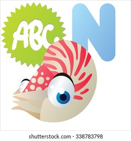 alfabeto de animales de cómic vectorial: N es para Nautilus