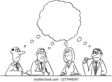 Vector funny comic cartoon drawing of business team meeting and brainstorming. Team is thinking and brainstorming the problem solution.