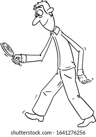 Vector Funny Comic Cartoon Drawing Of Upset Man Or Detective Walking With Magnifier Or Magnifying Glass And Searching For Something Hidden Or Clue.