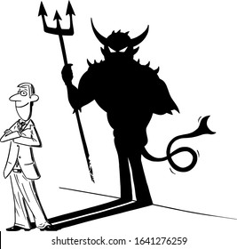 Vector funny comic cartoon drawing of man or businessman and his superhero or heroic shadow on wall. Business concept of success and inconsiderateness.