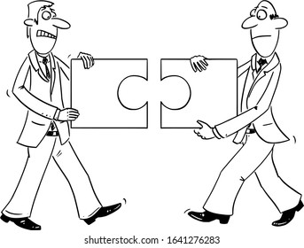 Vector funny comic cartoon drawing of two businessmen holding incongruous pieces of jigsaw puzzle that are not matching.Concept of problem in cooperation.