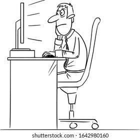 Vector funny comic cartoon drawing of bored man, office worker or businessman working on computer.