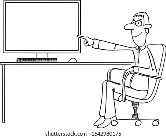 Vector funny comic cartoon drawing of businessman or man sitting in office chair and pointing at empty computer screen or display.