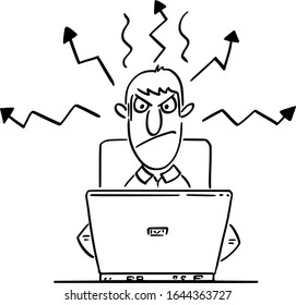 Vector funny comic cartoon drawing of angry office worker or man or businessman working or typing on computer.