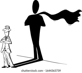 Vector funny comic cartoon drawing of man or businessman and his superhero or heroic shadow on wall. Business concept of success and self confidence.