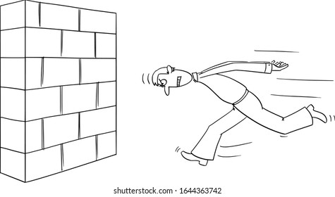 Vector funny comic cartoon drawing of headstrong man or businessman running wall head first. Business concept of confidence,motivation and success.