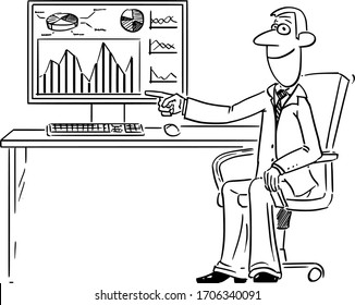 Vector funny comic cartoon drawing of businessman or man working in office on computer and pointing at financial graph,diagram or chart on display or screen.