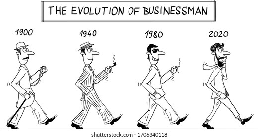 Vector funny comic cartoon drawing of evolution of male businessman fashion and clothing, ending by hipster as final form.
