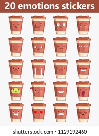 Vector funny comic Coffee set emotion stickers for chat