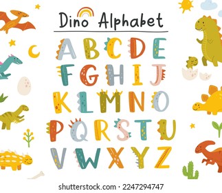 Vector funny comic Dino alphabet on a white background in cartoon style. Bright modern illustration for kids, nursery, poster, card, birthday party, packaging paper design, baby t-shirts.