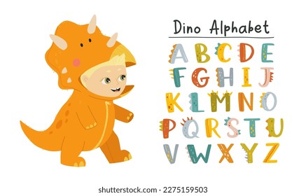 Vector funny comic Dino alphabet on a white background in cartoon style. Bright modern illustration with Little boy dressed in jumpsuit kigurumi in form of triceratops.