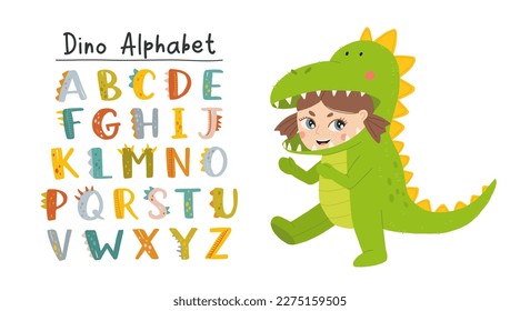 Vector funny comic Dino alphabet on a white background in cartoon style. Bright modern illustration with Girl in dinosaur or dragon costume with hood and tail