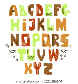 Vector funny comic font with doodles. Hand drawn capital colorful cartoon alphabet with capital latin letters.