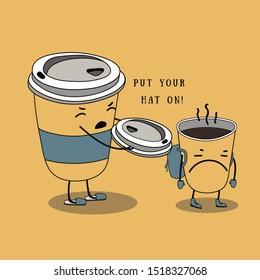 Vector funny comics with cute coffee cups, and text.Concept for coffee point or getting cards.