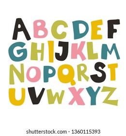 Vector funny comics font. Hand drawn colorful cartoon English alphabet with uppercase letters. Stock illustration in scandinavian style.