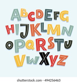 Vector Funny Comics Font. Hand Drawn Capital Colorful Cartoon English Alphabet With Capital Letters