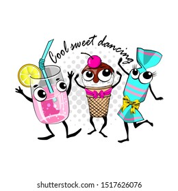 Vector funny company. Sparkling water, ice cream and candies.  