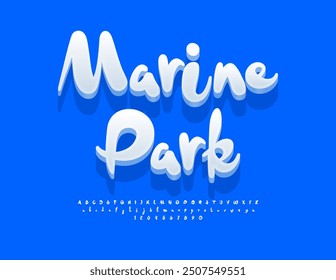 Vector funny concept Marine Park. Playful Handwritten Font. White 3D Alphabet Letters and Numbers set.