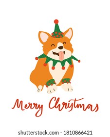 Vector funny corgi in Christmas costume of elf. Smiling puppy for Christmas invitation card. Cute dog for Xmas party.