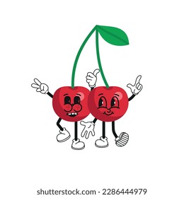 Vector funny couple of cherries in form of hearts in retro style. Y2k smiling red cherries sticker. Happy Valentines day. Love illustration in flat design. Two 70s happy berries in shape of hearts. 