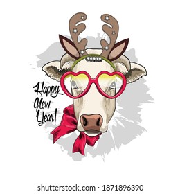Vector funny cow with christmas horns. Cow with red glasses. Print on T-shirts, bags and other fashion products. Design children's clothing and accessories. Happy New Year!
