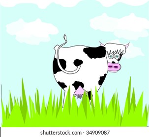 Vector of a funny cow on the meadow