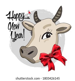Vector funny cow with red bow. Cow with bird. Print on T-shirts, bags and other fashion products. Design children's clothing and accessories. Happy New Year!