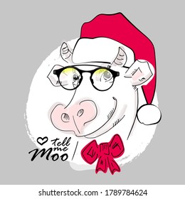 Vector funny cow santa claus. Cow with red santa hat and glasses. Print on T-shirts, bags and other fashion products. Design children's clothing and accessories. Applique, patch.