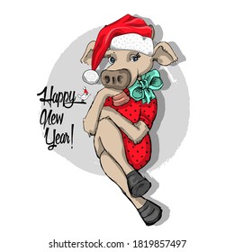 Vector funny cow santa claus. Cow with red santa hat. Print on T-shirts, bags and other fashion products. Design children's clothing and accessories. Happy New Year!