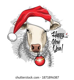 Vector funny cow santa claus. Cow with red santa hat. Print on T-shirts, bags and other fashion products. Design children's clothing and accessories. Happy New Year!