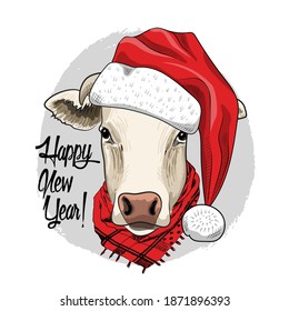 Vector funny cow santa claus. Cow with red santa hat. Print on T-shirts, bags and other fashion products. Design children's clothing and accessories. Happy New Year!