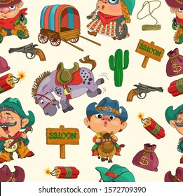 Vector. Funny cowboys. Seamless pattern. Set of colorful objects. Drawing on fabric, wrapping paper.