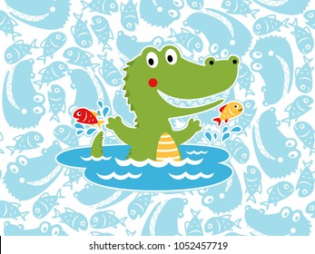 Vector of funny crocodile cartoon with two fish in swamp on seamless pattern background of fishes and crocodile face